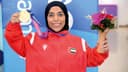 اللاعبة مريم الزيودي خلال الاحتفال بذهبية رمي القرص